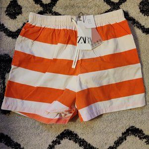 MENS ZARA ORANGE WHITE STRIPE SWIM TRUNKS